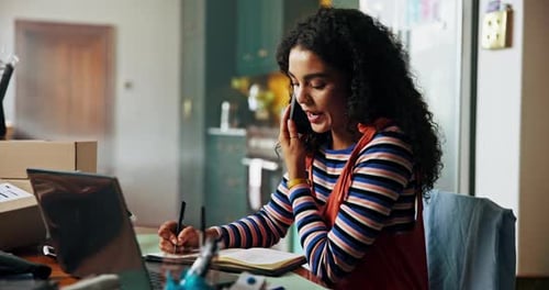 Smiling Woman on Phone Working at Home Office
