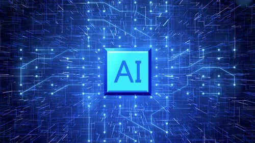 Puce IA futuriste avec des flux de données et des circuits lumineux dans le cyberespace