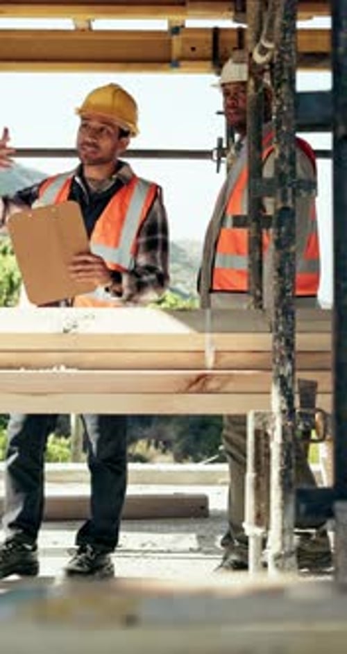 Construction, men and site inspection with checklist for quality control, track progress or safety