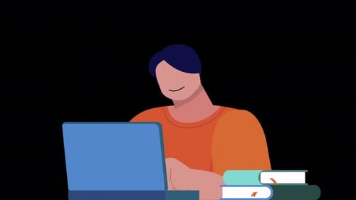 Flat Design Person Typing on Laptop with Books Animation