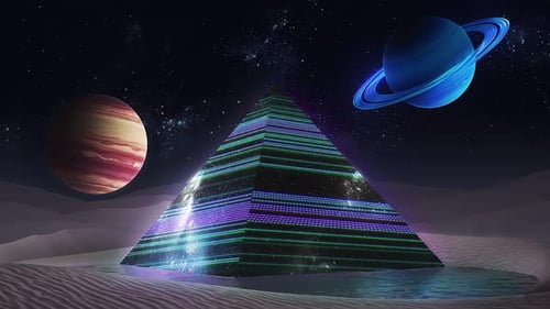 Loop A Stunning Futuristic Neon Pyramid Set Within an Expansive and Mystical Cosmic Landscape
