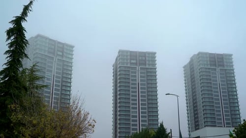 Foggy Day in the City with Towering Buildings