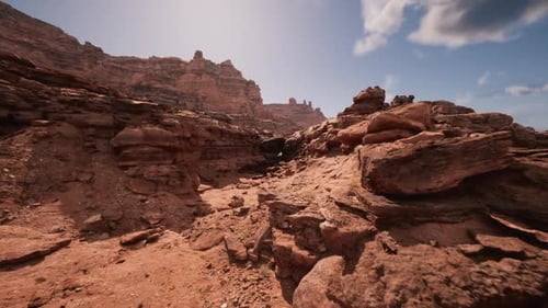 Flying Through Desert Canyon Landscape