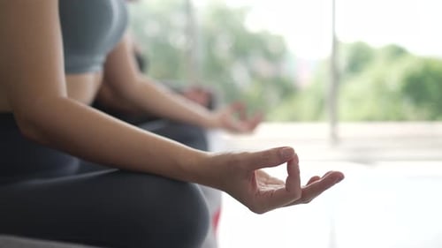 Women Meditating Together in Lotus Pose, Indoor Yoga