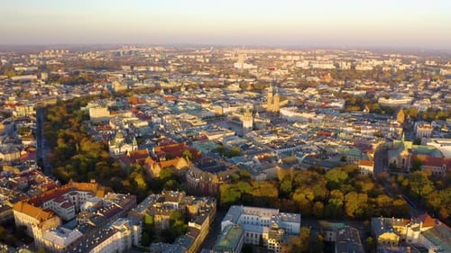 Aerial View of Dense European City at Sunset