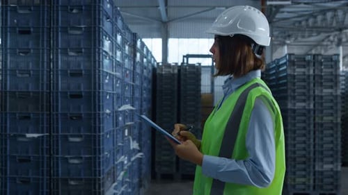 Female Warehouse Worker Checking Shipment Boxes Inspecting Delivery Package. Handsome Woman Storekee