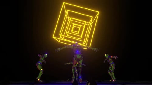Futuristic Neon Cube and Dancing Robot Characters Animation