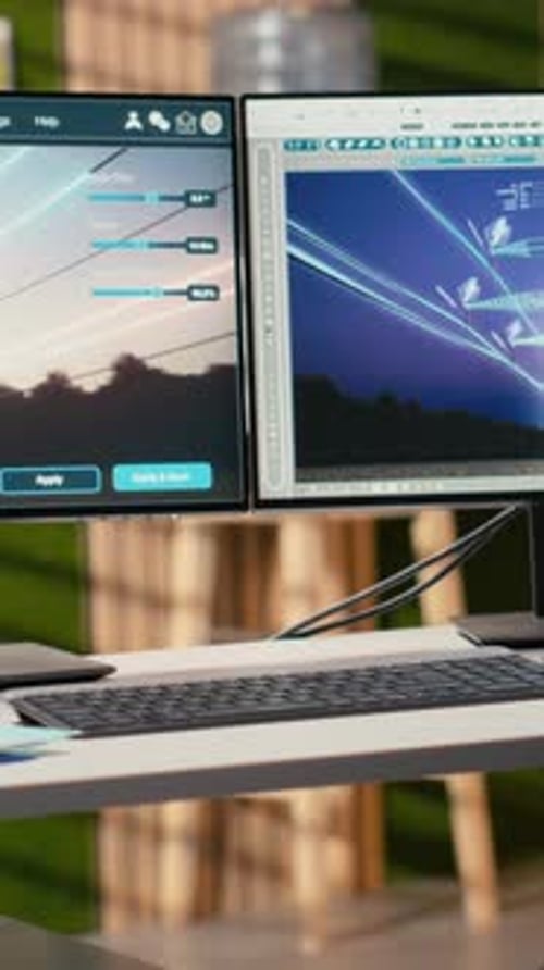 CAD-Entwurf für Stromleitungstürme auf zwei Monitoren im Ingenieurbüro angezeigt