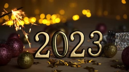 New Year 2023 Golden Numbers with Fireworks