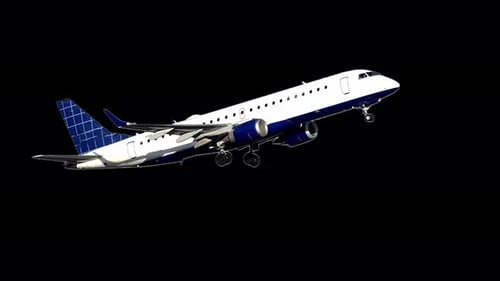 avión, pintado en blanco con detalles en azul, se eleva elegantemente en el aire sobre un fondo negro