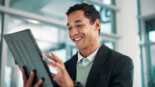 Internet, smile and businessman with tablet in office for network, research or reading finance news