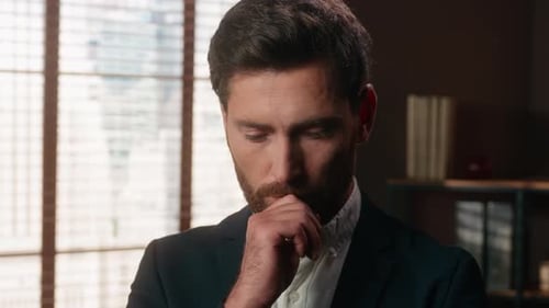 Close Up Pensive Thinking Thoughtful Puzzled Caucasian Middleaged Adult Man Business Businessman