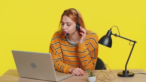 Woman Freelance Worker Call Center or Support Service Operator Helpline Having Talk with Client
