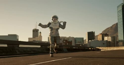 Espace, voyages et astronaute en ville avec dystopie futuriste et téléportation pour la découverte
