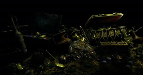 Golden Treasure Chests and Coins Pile in Dark Cave