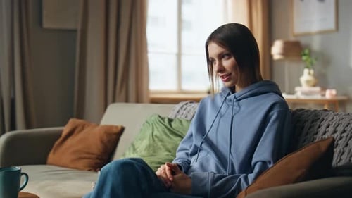 Woman Chatting on Sofa, Modern Living Room
