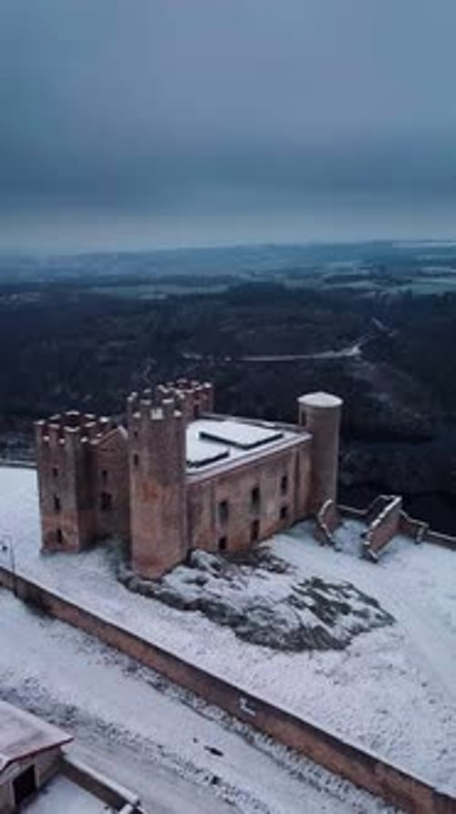 aerial vertical shot above essalois castle near saint etienne in the gorges de la loire during