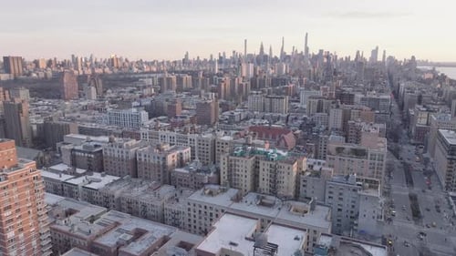Aerial view of the New York City skyline at dusk