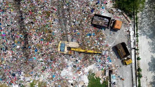 Aerial Landfill with Excavator and Garbage Trucks, Environmental Pollution and Waste Crisis