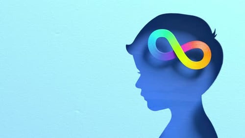 Looping video of blue child head silhouette with rainbow infinity symbol representing autism