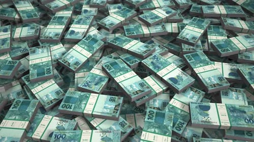 Falling Stacks of Brazilian 100 Reais Banknotes
