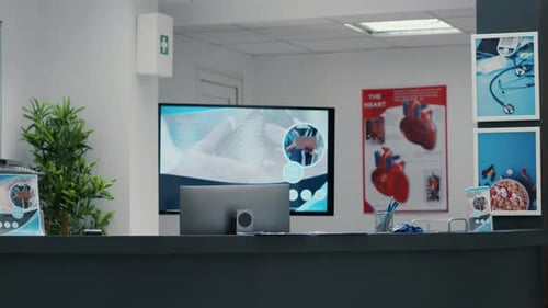 Nobody at Empty Hospital Reception Counter on Facility Floor