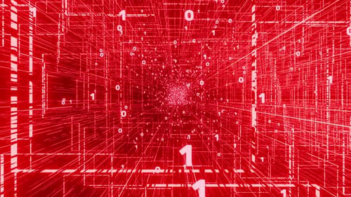 Roter digitaler Cyberspace mit fließenden Zahlen, Einsen und Nullen, 3D-Rendering. Binärsystem Big Data