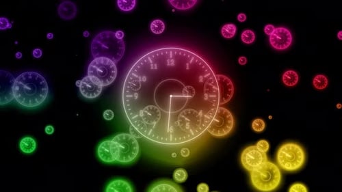 Reloj analógico de neón brillante y colorido, partícula aislada