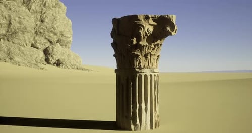 Lone Stone Column in a Vast Desert Under Clear Skies