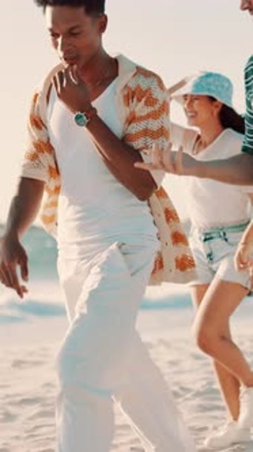 Talking, beach and friends walk for vacation, holiday and group adventure by ocean