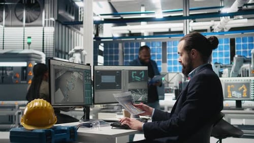 Männlicher Branchenexperte untersucht Produktionsdaten in einer Solartechnikanlage