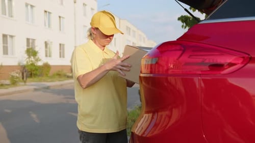 Delivery Person with Package by Red Car