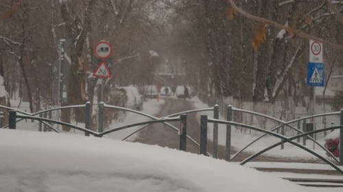 Snow falls steadily over city streets creating a winter wonderland