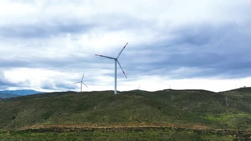 Emission-free energy production with wind turbine in rural areas, drone view
