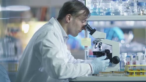 Scientist Uses Microscope in Bright Laboratory