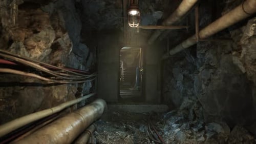 Exploring a Dimly Lit Underground Bunker Filled with Pipes and Machinery