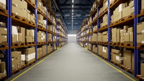 Industrial Warehouse Filled with Storage Boxes Labeled for Shipment