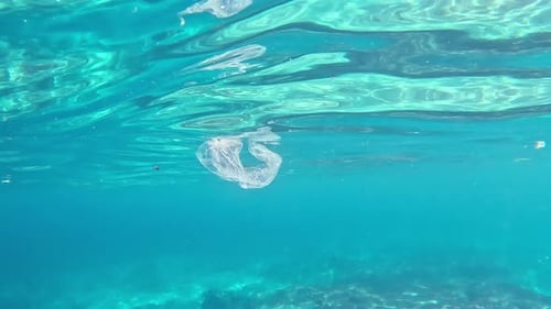 Plastic Bag Underwater Bad for Fish with Sun Rays Water Waves Hit to Rocks Background Ocean