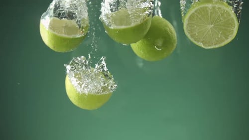Slow motion of fresh sliced Limes falling into water on green background