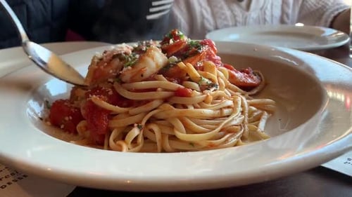 A steaming plate of shrimp pasta with tomato, basil, and fresh parmesan cheese sprinkled over the to