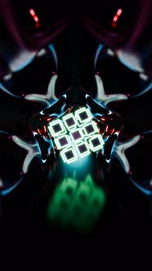 Vidéo verticale d'un cube de néon abstrait dans une boucle de tunnel réfléchissante transparente