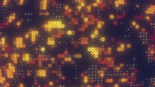 Abstract looping yellow orange energy squares glowing digital particles futuristic hi-tech