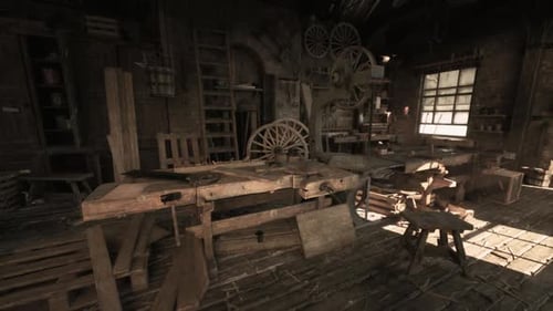 Old Carpentry Workshop Filled with Traditional Hand Tools and Woodwork Details