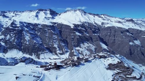 Ski station center at Andes Mountains. Snow winterness scenery.