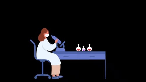 Arzt arbeitet im Labor und forscht mit dem Mikroskop am Alphakanal