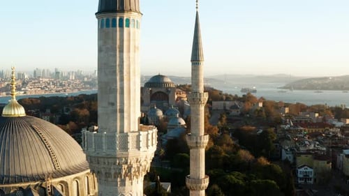 Minarets Of Blue Mosque With Hagia Sophia Mosque In The Background At Sunrise In Fatih, Istanbul, Tu