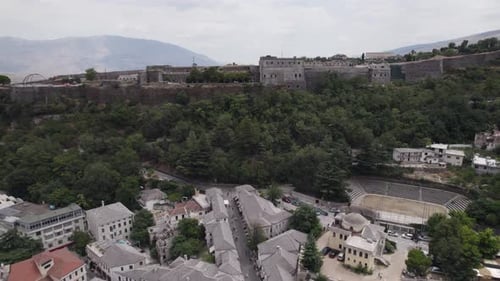 Fly over old Gjirokastër city to historic ottoman fortress, Albania