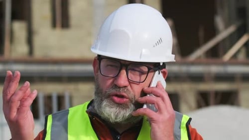 Contratista de ingeniería civil ocupado con barba gris en uniforme y casco hablando por teléfono