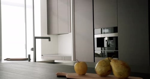 Real Apartment Modern Kitchen Room. Minimalist Dining table with modern chairs