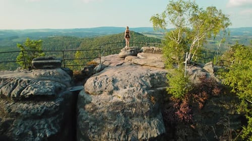 A hiker stands on a rocky overlook, gazing at a vast forested valley, framed by a distant horizon of